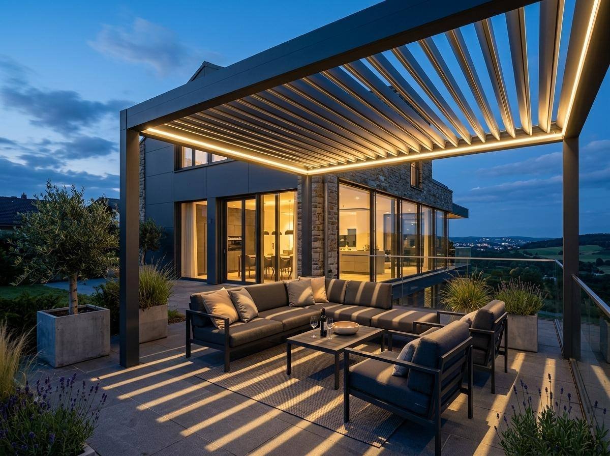 Akşam saatinde LED aydınlatmalı bioklimatik pergola