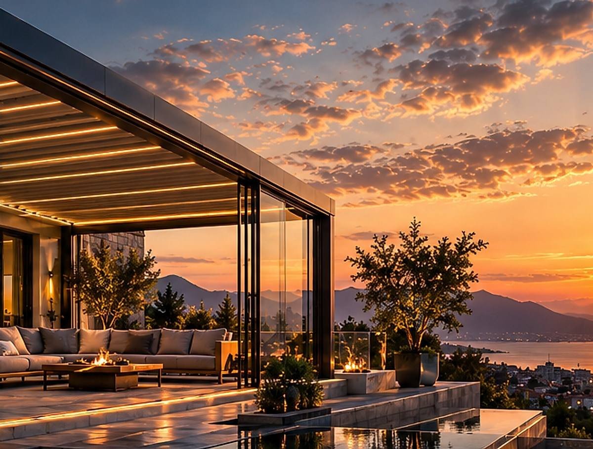 Villaya bağlı, LED aydınlatmalı pergola ve havuzlu teras