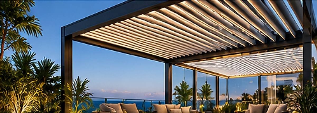 Bitkilerle çevrili terasta bioklimatik pergola