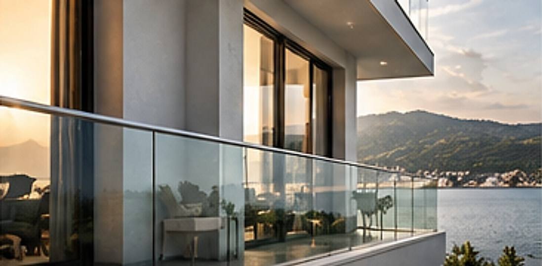 Cam yüzeylerle çevrelenmiş deniz manzaralı balkon