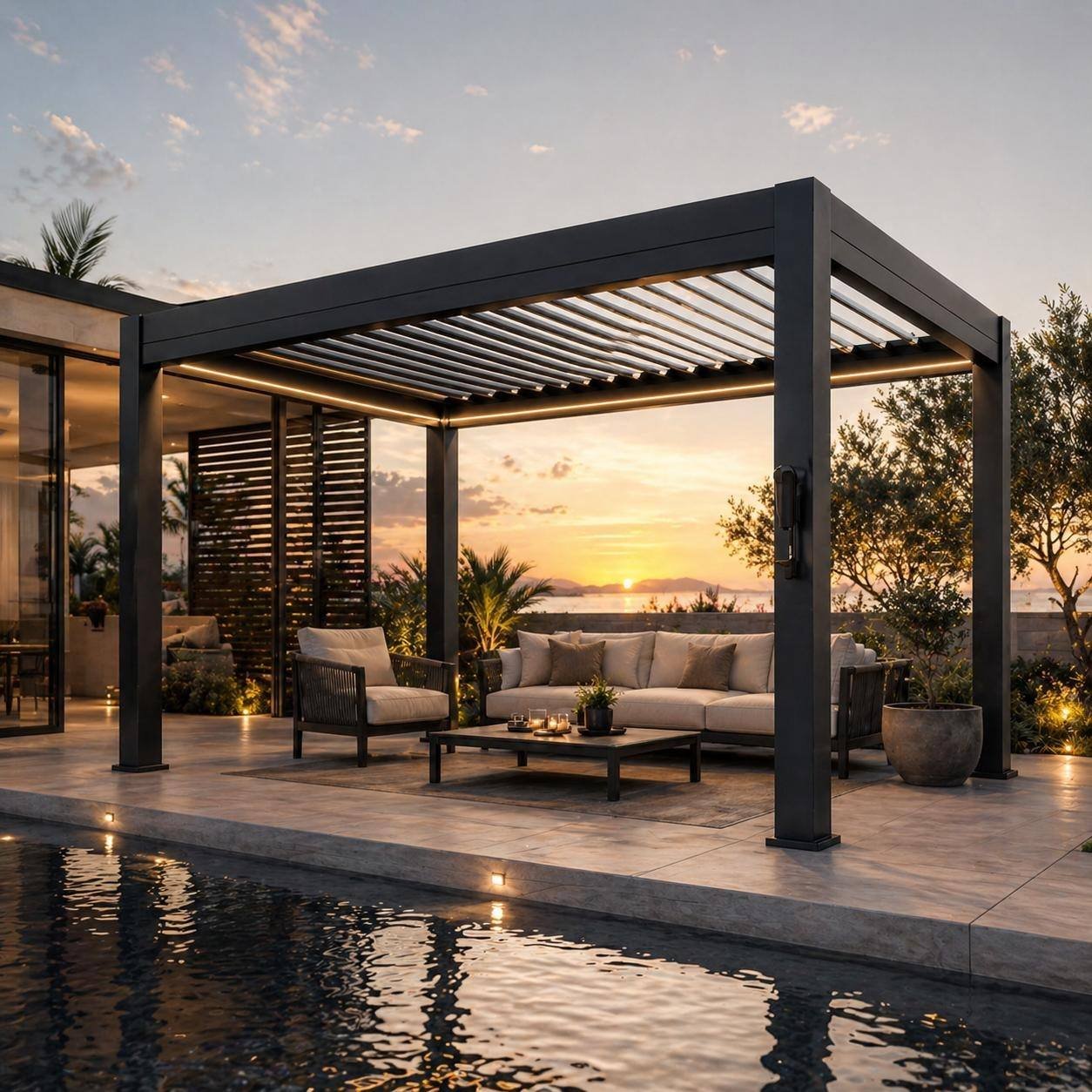 Havuz kenarında lamelli alüminyum pergola