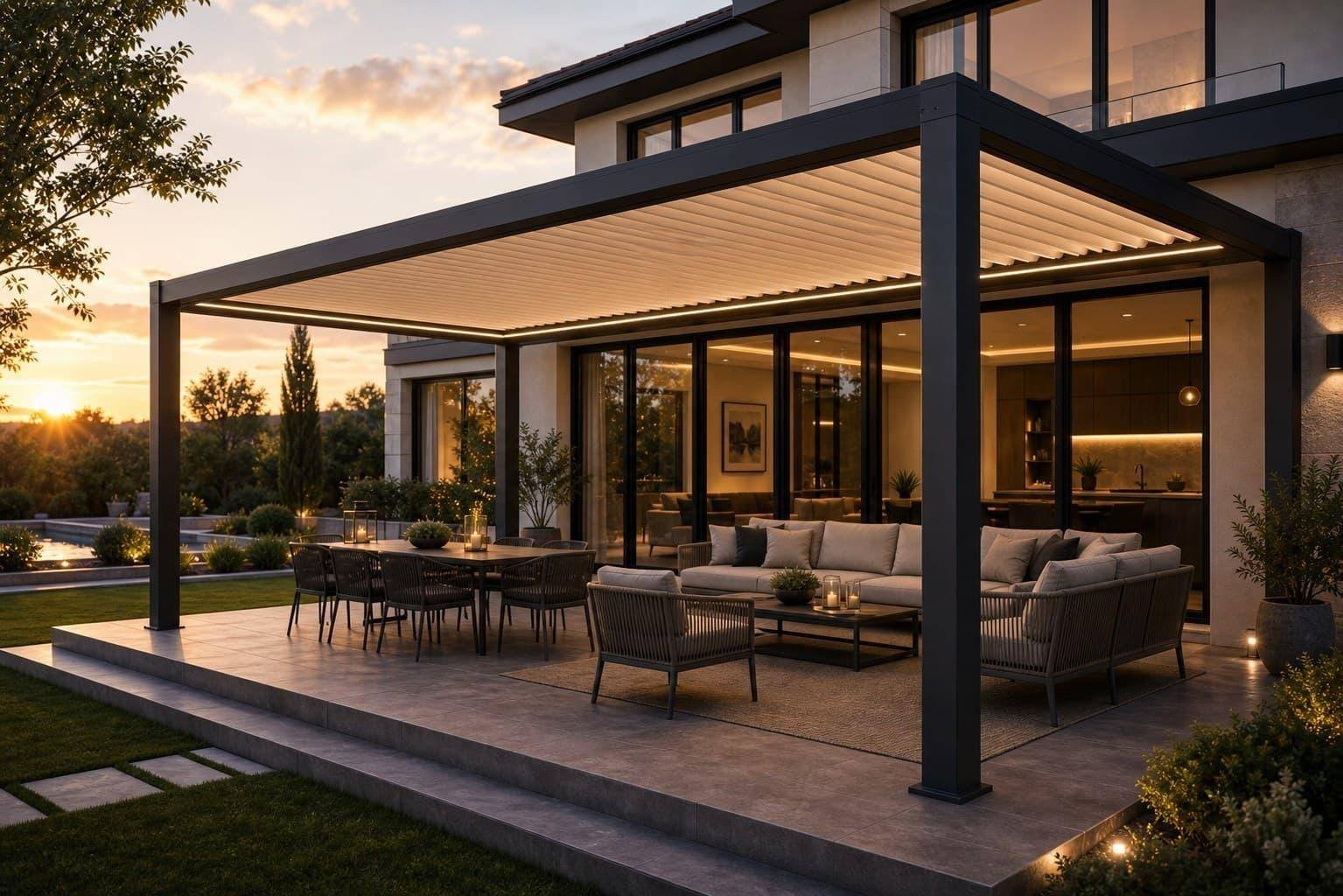 Villa terasında duvara bağlı pergola