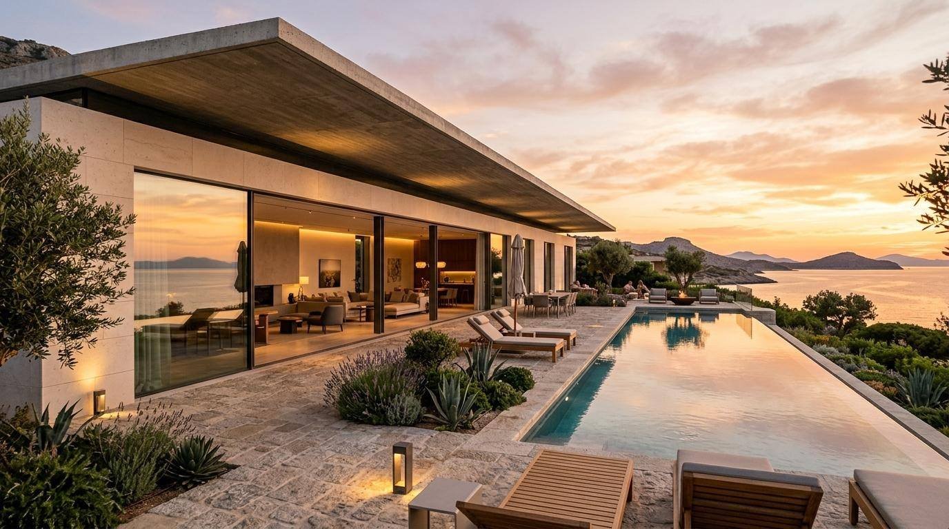 Gün batımında geniş alüminyum doğramalı modern villa